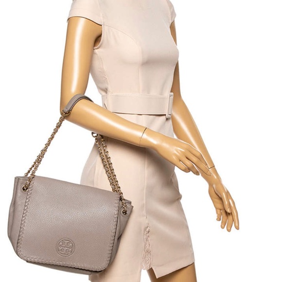 Tory Burch Taupe Leather Flap Marion Shoulder Bag - Picture 5 of 9